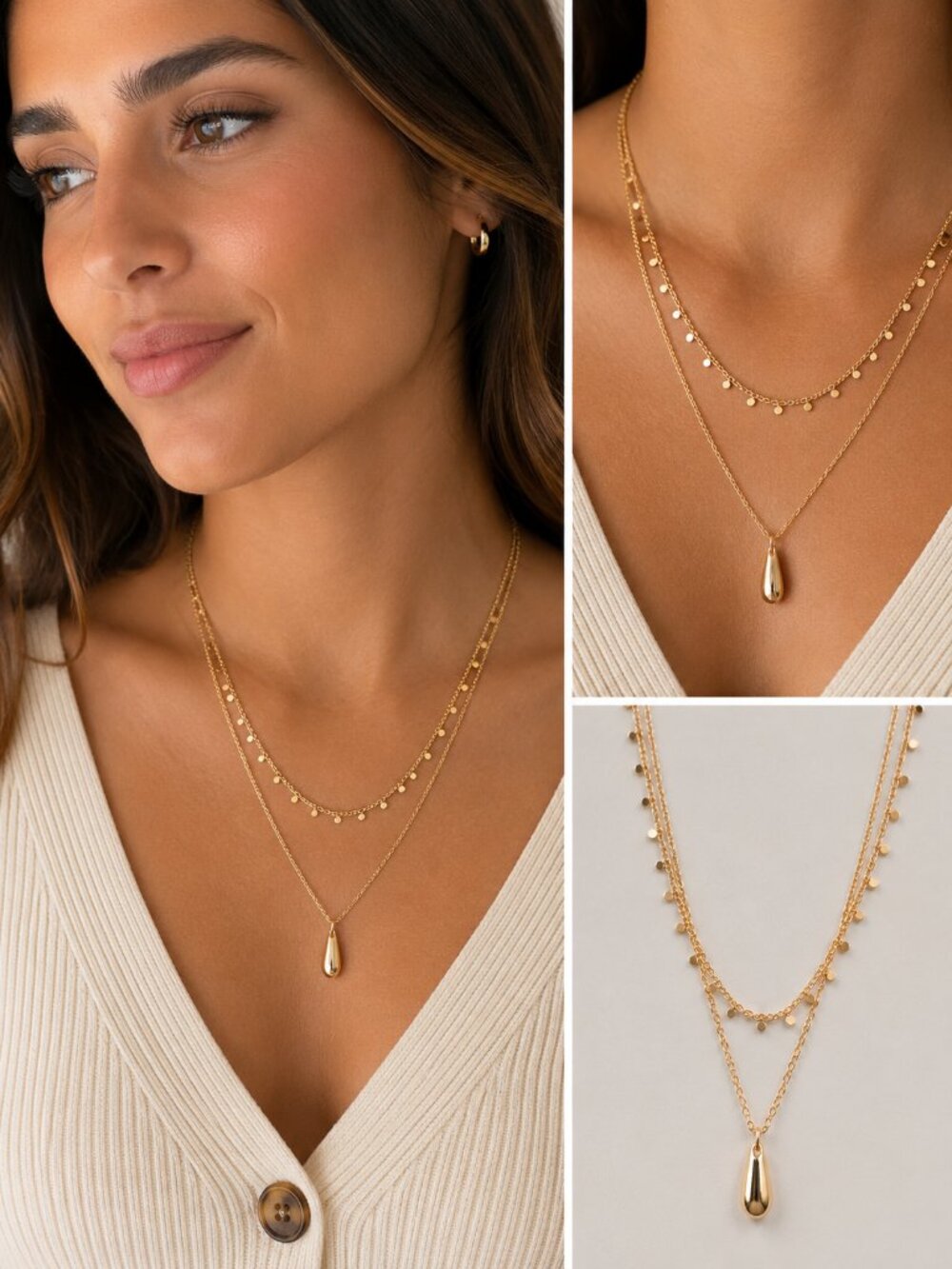GAP Gold Tone Layered Necklace with Teardrop Pendant